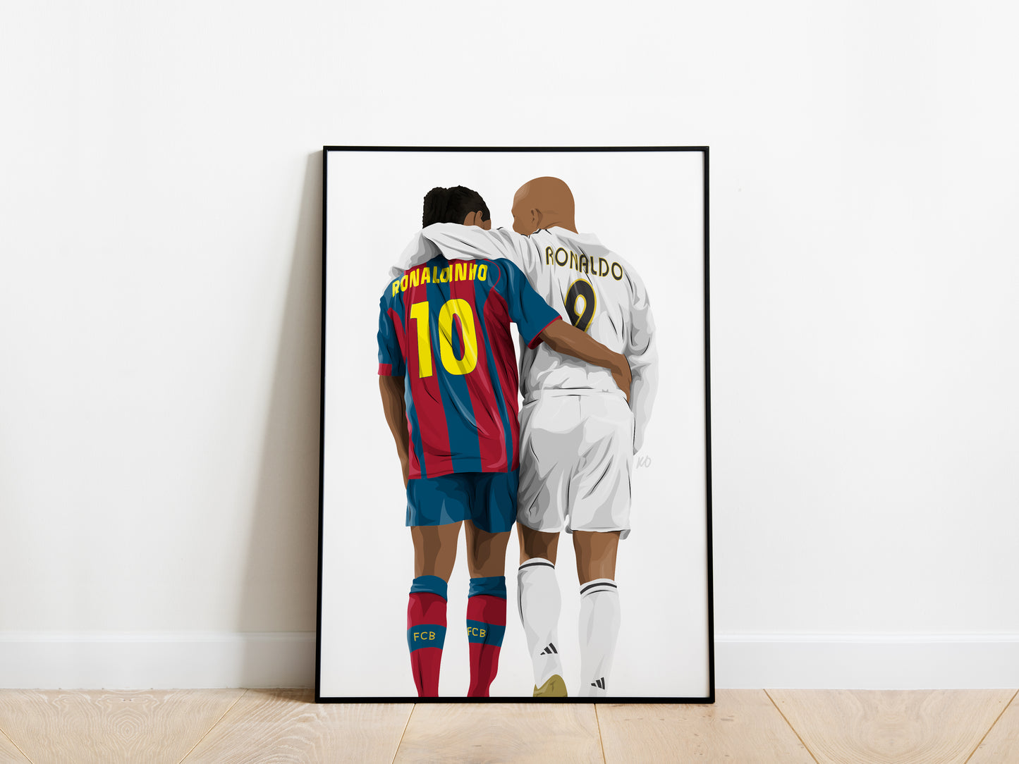 two soccer players, one wearing a red and blue jersey with the number 10 and the other wearing a white jersey with the number 9.