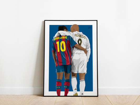 two soccer players, one wearing a red and blue striped jersey with the number 10 and the other wearing a white jersey with the number 9.